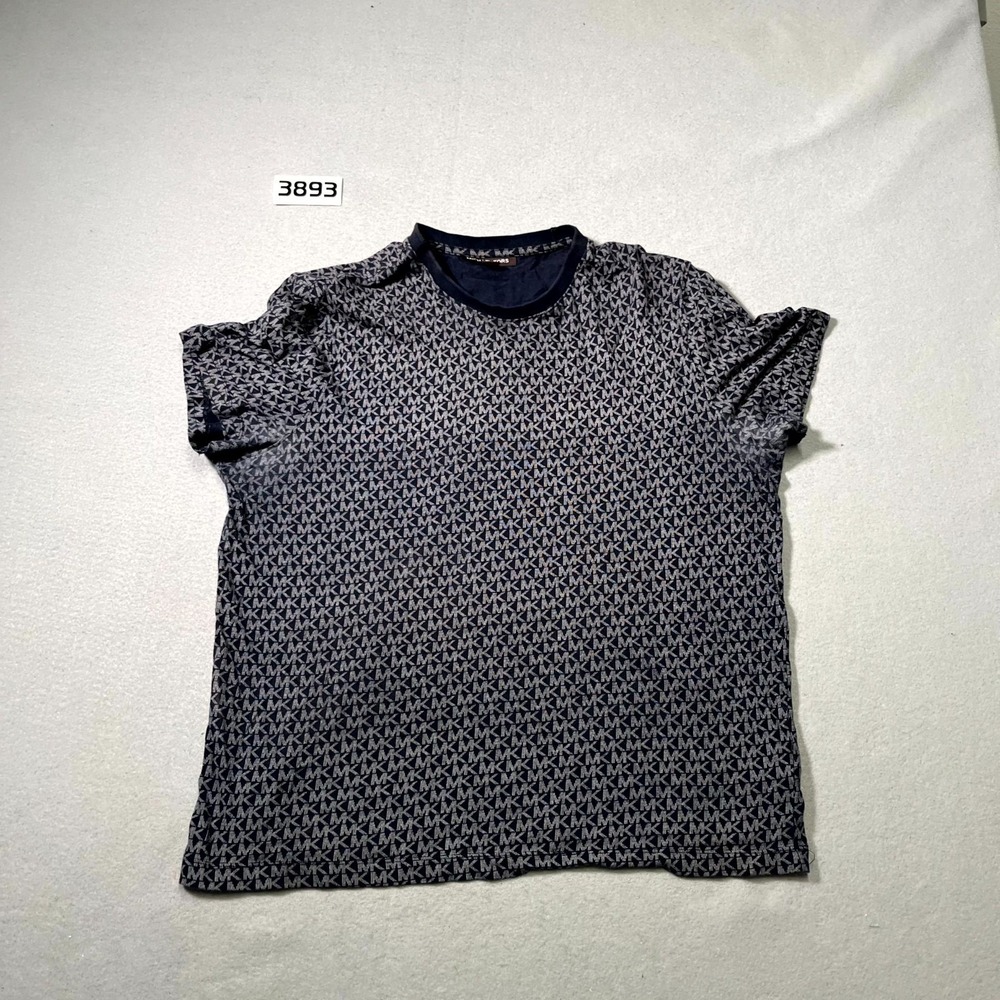 Michael Kors T Shirt Mens Large Blue MK Logo All Over Print Cotton Short Sleeve